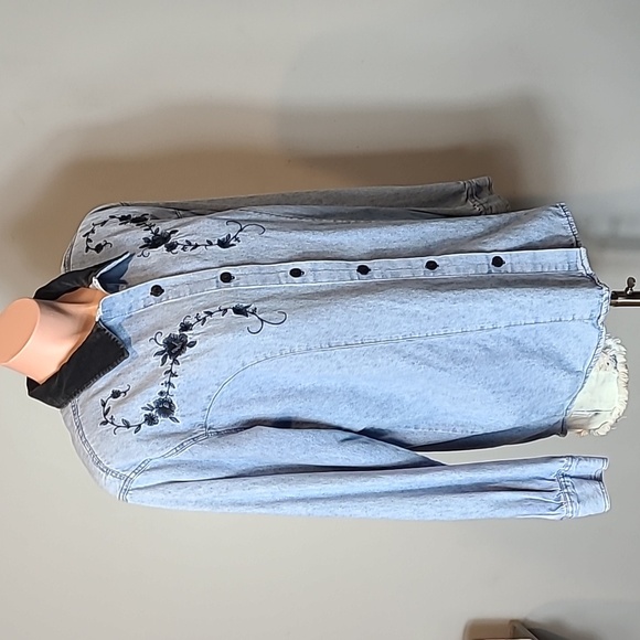 Vintage Shirt Velvet Collared Western Bohemian 90s Country Chambray Denim Medium - Picture 4 of 9